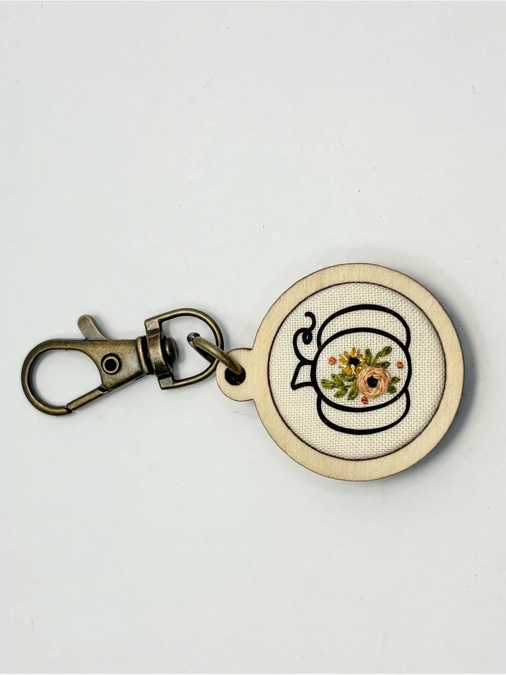 Handmade Floral Pumpkin Embroidered Wood Keychain Purse Charm NWOT